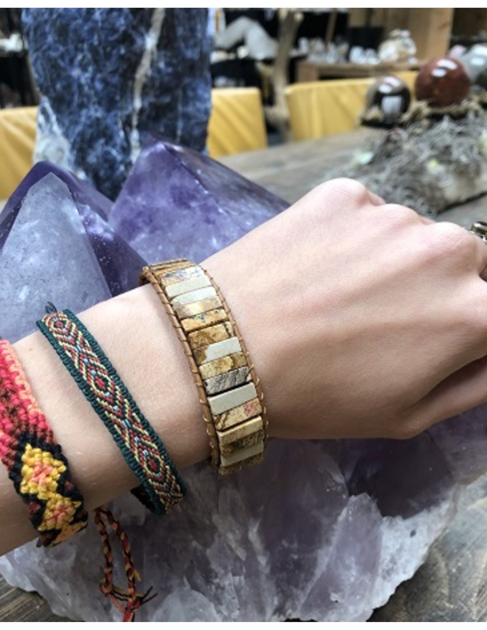 Jaspis landschap leren armband gipsy-style