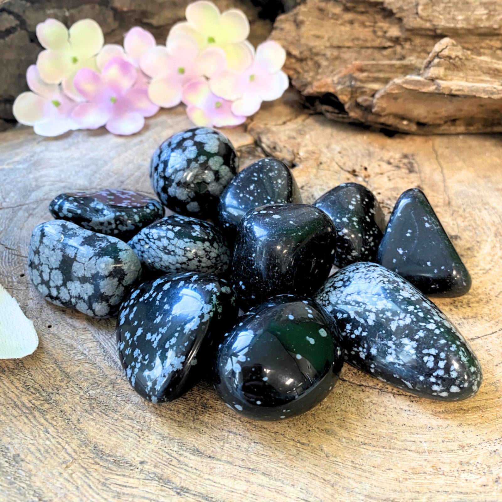 Obsidiaan sneeuwvlok trommelstenen 250 gr. (mt3)
