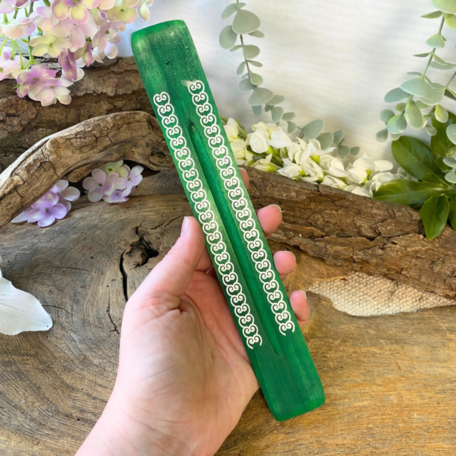 Plankje hout Sierlijke Motieven - groen - wierook houder