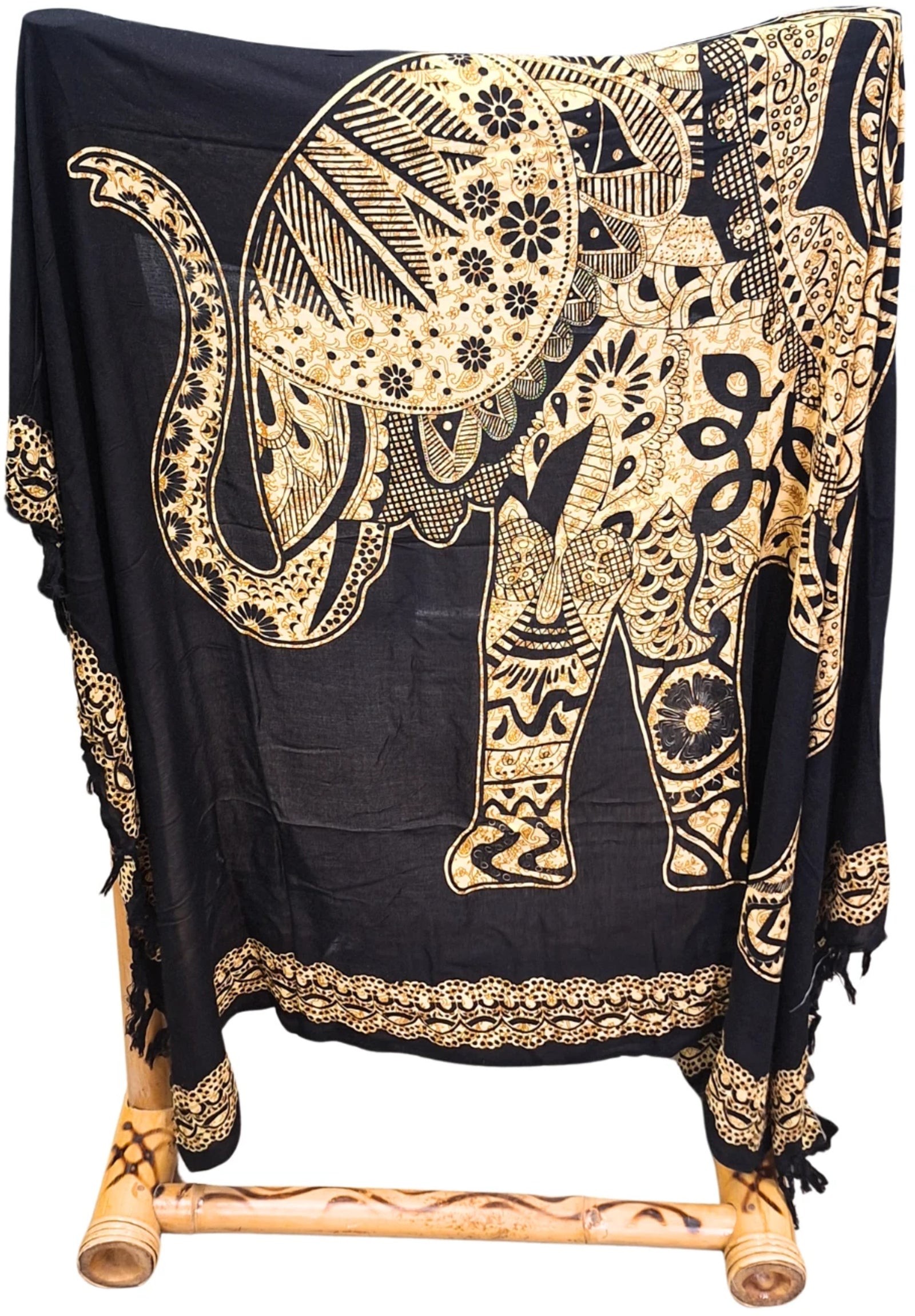 Sarong - 022 - Olifant beige op zwart van Om Namaste - Pareo Saunadoek Wikkeljurk