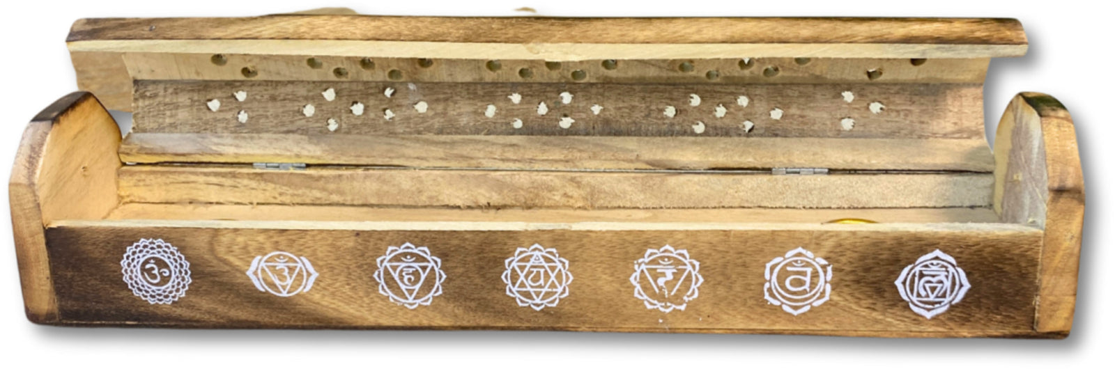 Wierook brander met Chakra tekens - Mangohout- wierook houder