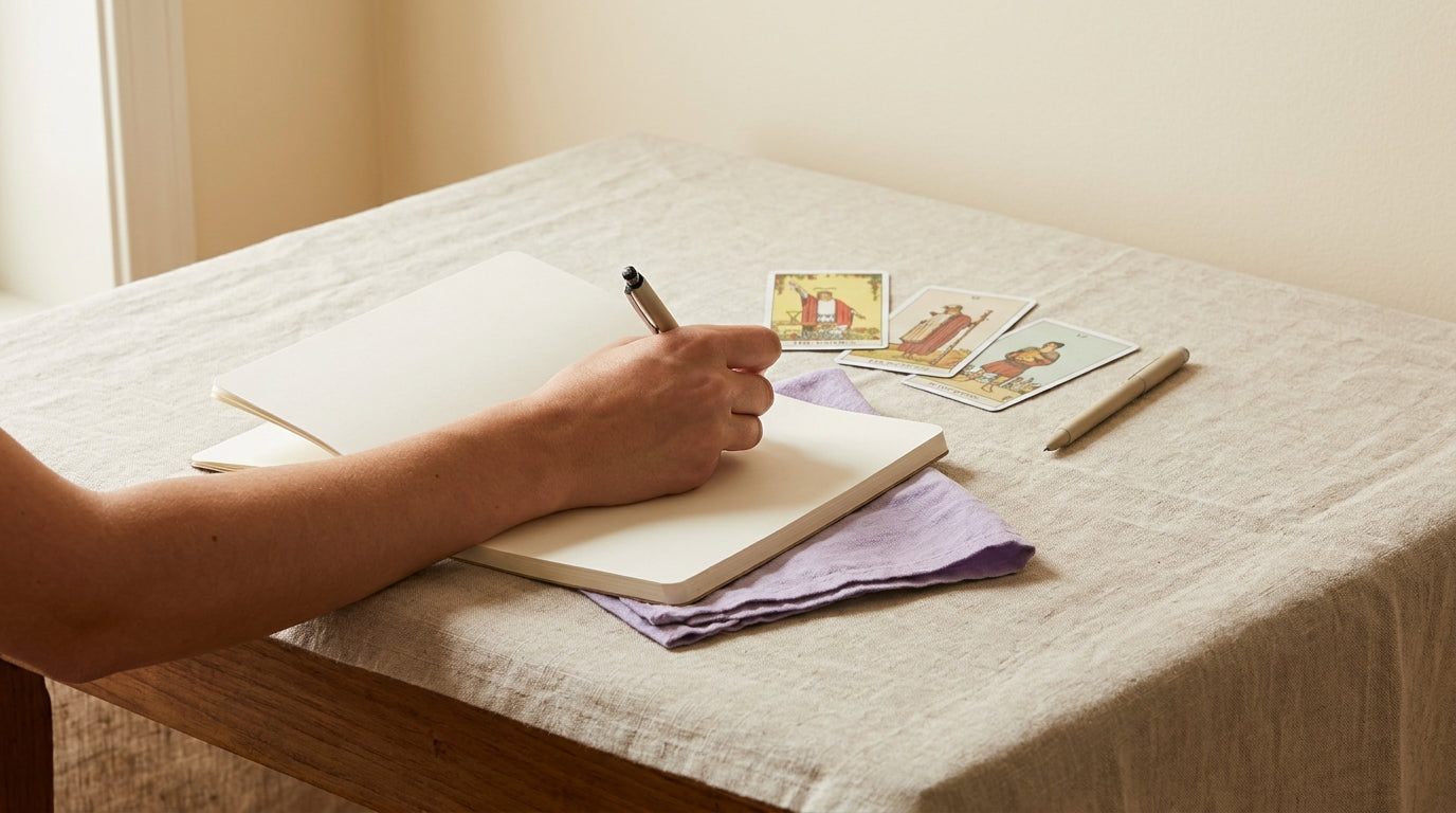 Iemand schrijft in een notitieboek naast drie rechtopstaande tarotkaarten op linnen