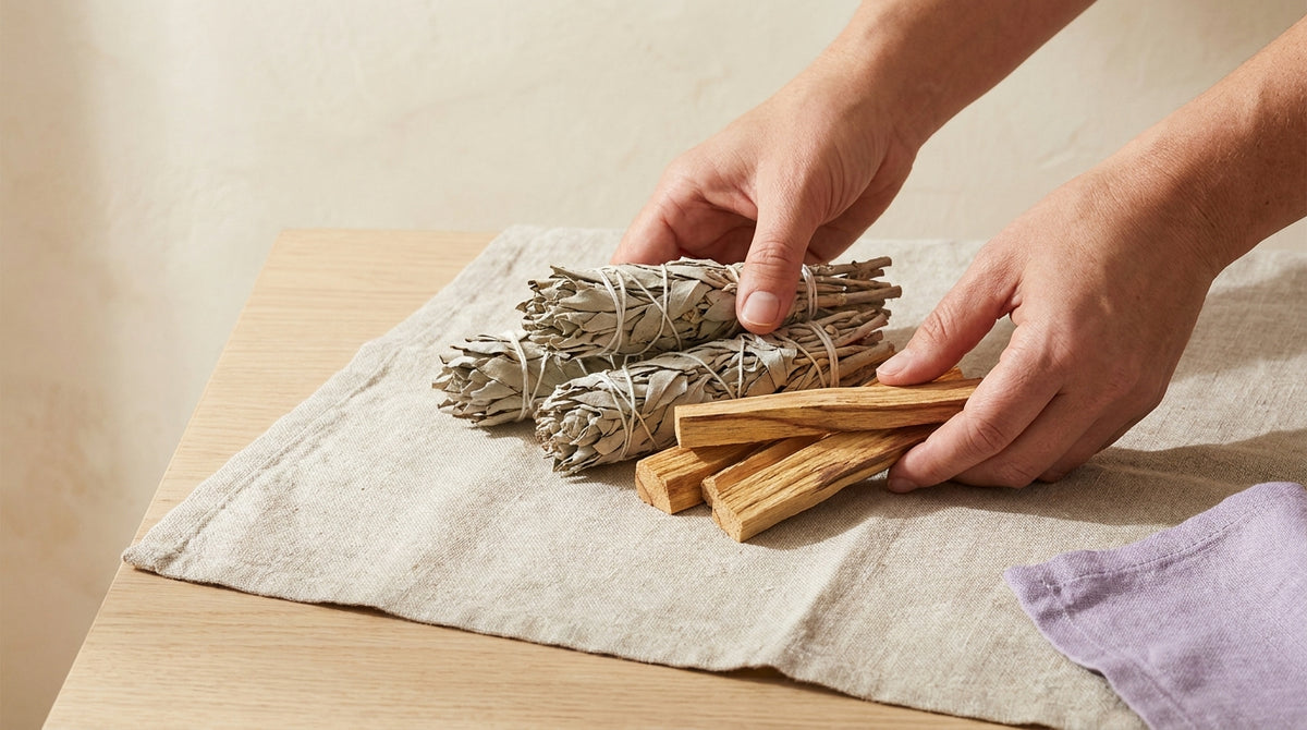 Handen bekijken bundels witte salie en stukjes Palo Santo op linnen
