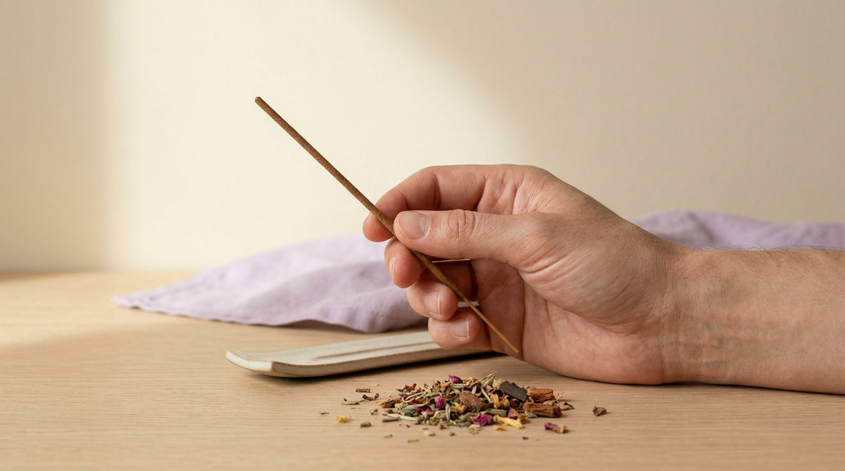 Een hand bekijkt een onaangestoken wierookstokje bij een keramische houder