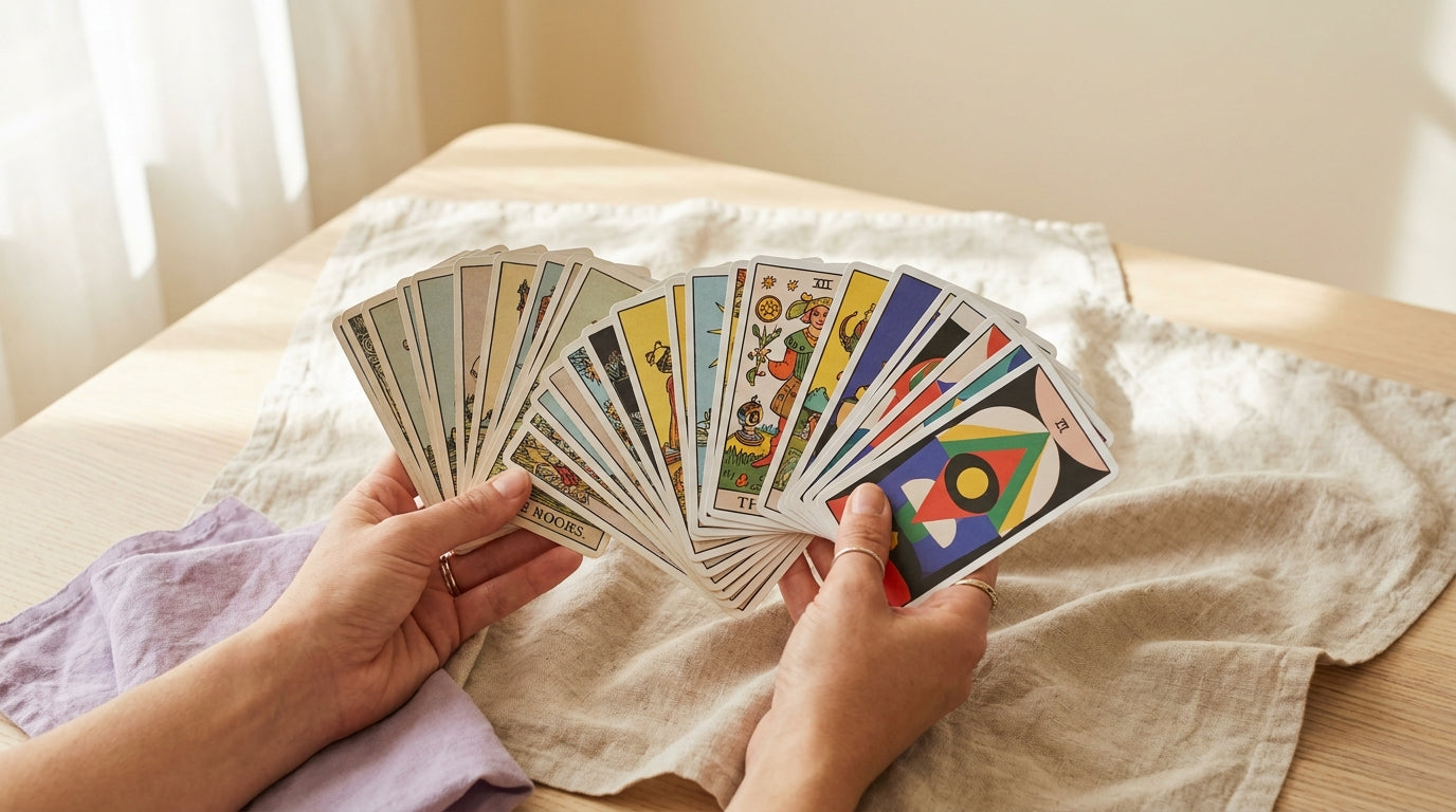 Handen vergelijken drie verschillende tarotdecks naast elkaar op linnen