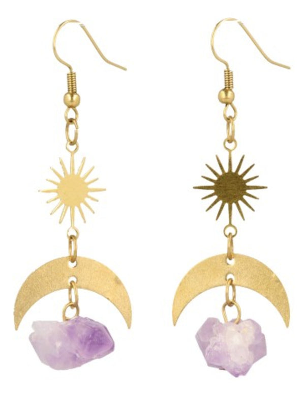 Amethist ruw Star&Moon edelsteen oorbellen