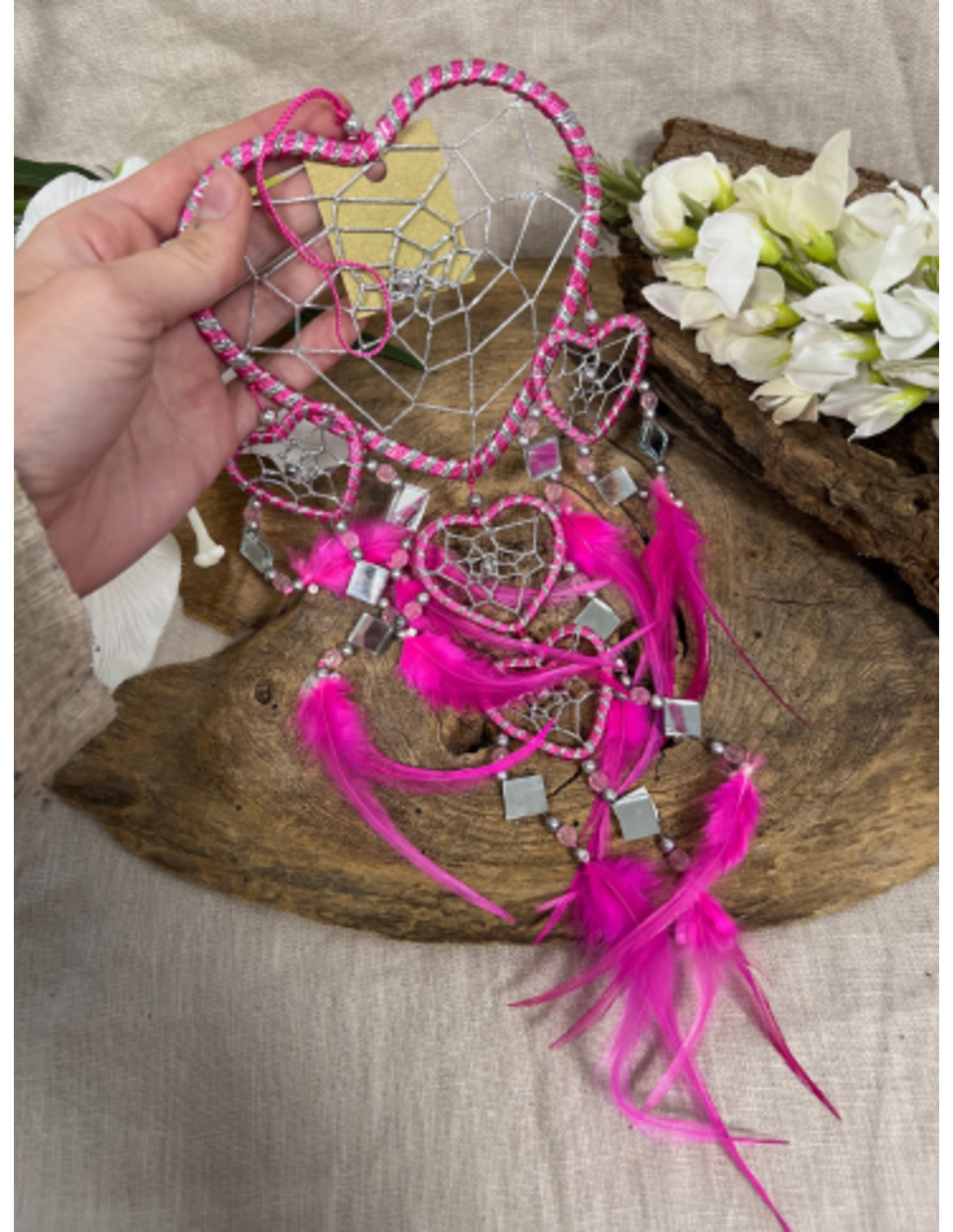Dromenvanger hartje met spiegels - roze - 11 cm - Dreamcatcher