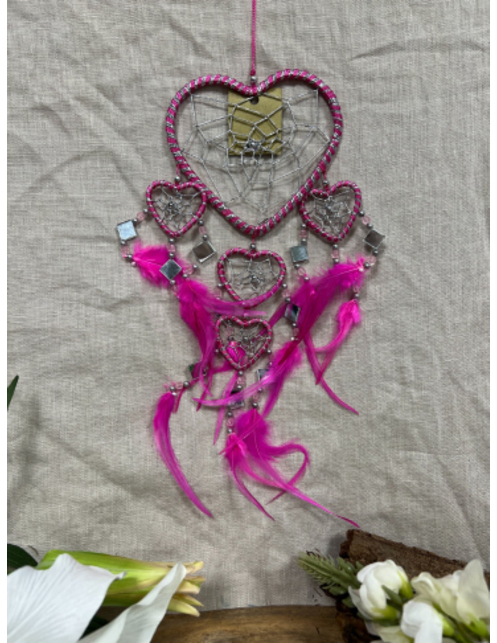 Dromenvanger hartje met spiegels - roze - 11 cm - Dreamcatcher