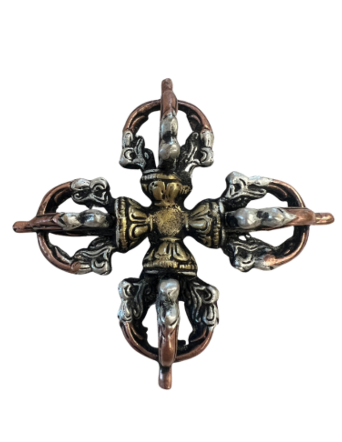Dubbele dorje (Vajra) messing 10 cm - 3-kleur