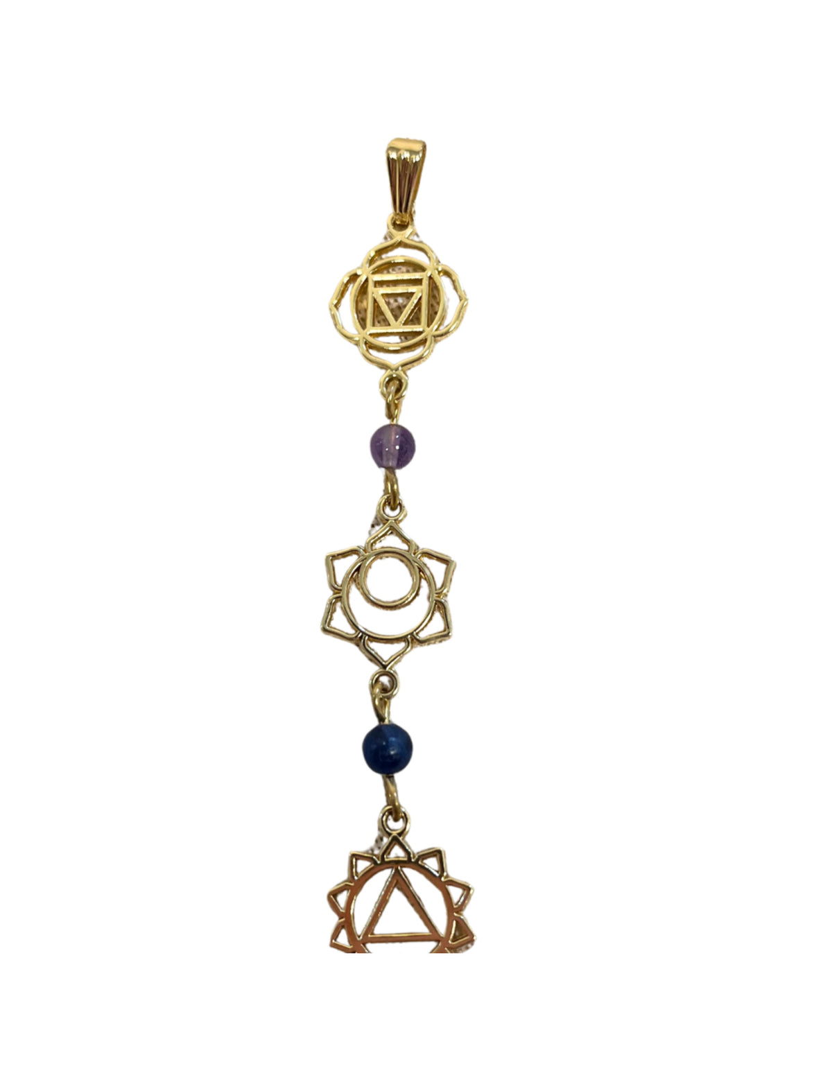 Lange chakra hanger met steentjes goudkleur