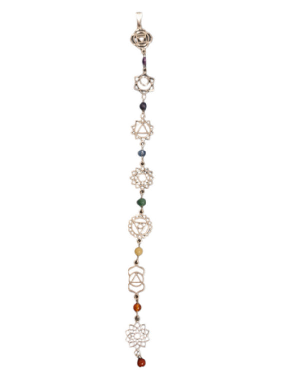 Lange chakra hanger met steentjes in zilverkleur