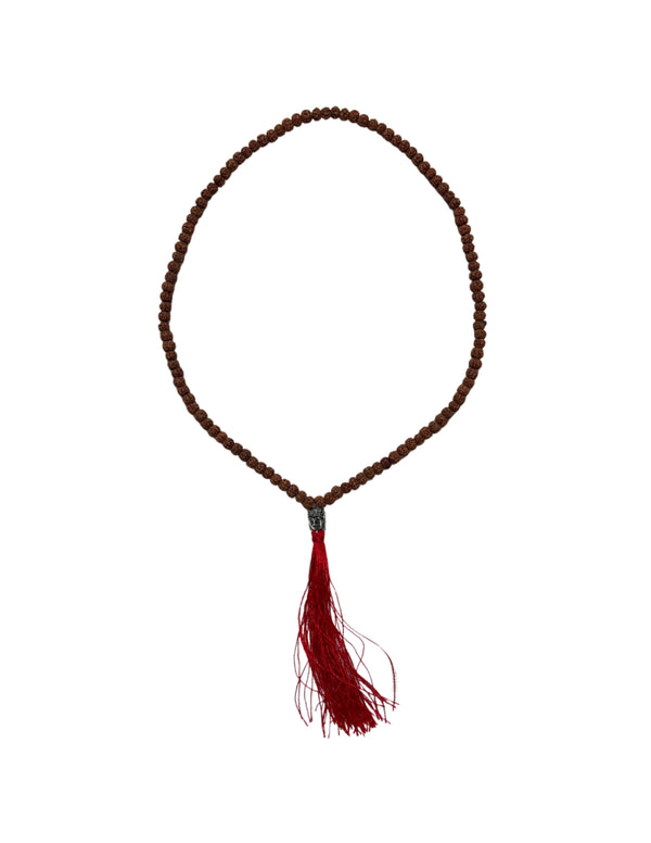 Mala edelsteen ketting Rhudraksha boeddha hoofd rode kwast 25 cm