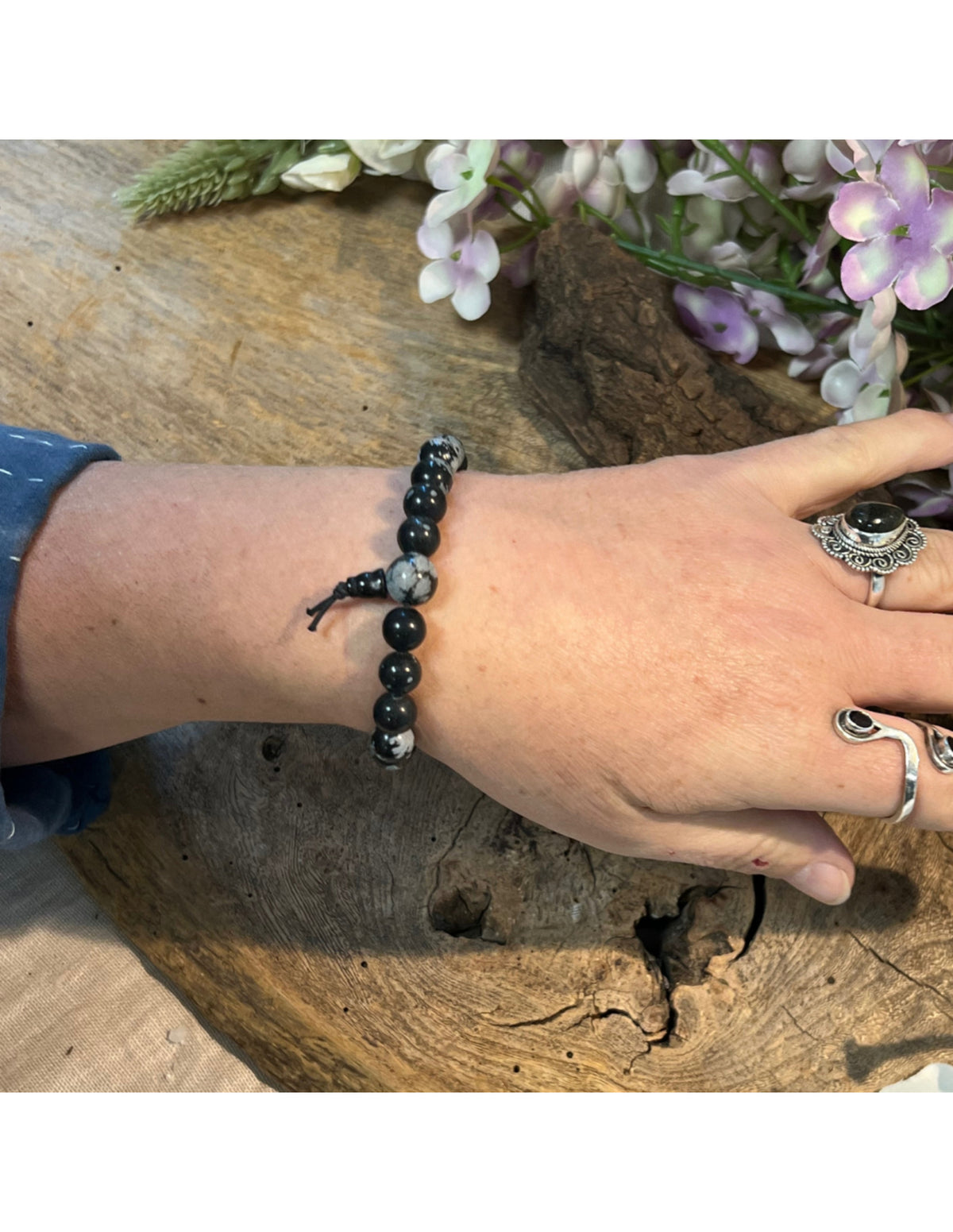 Obsidiaan sneeuwvlok powerbead armband