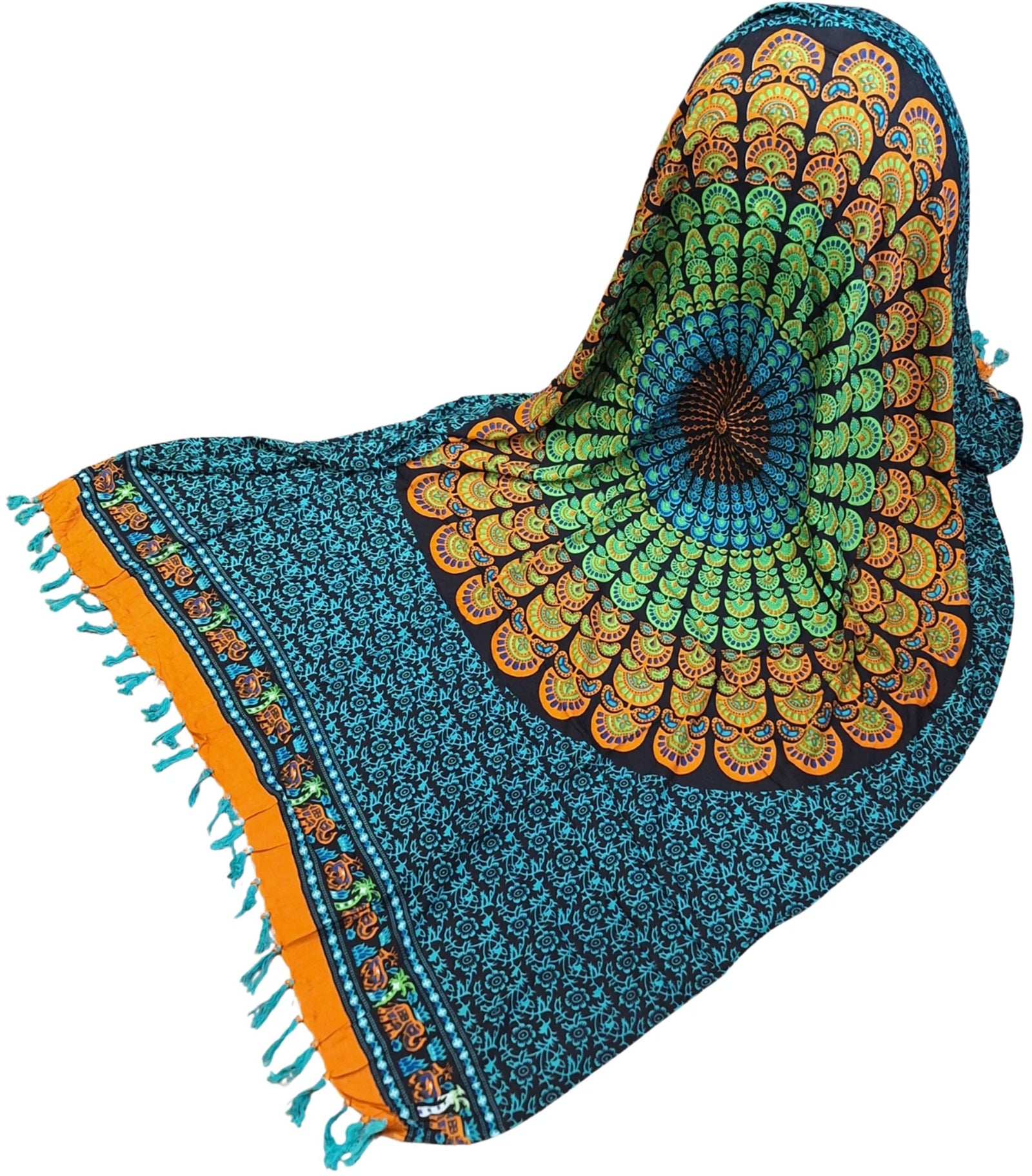 Om Namaste Sarong - 662 - Mandala - oranje & groen op zwart