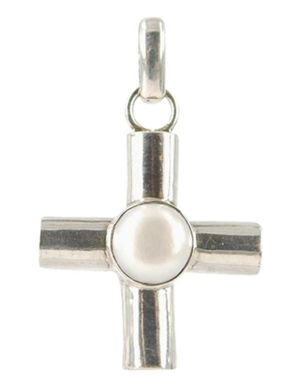Parel Edelsteen Hanger in zilver breed kruis