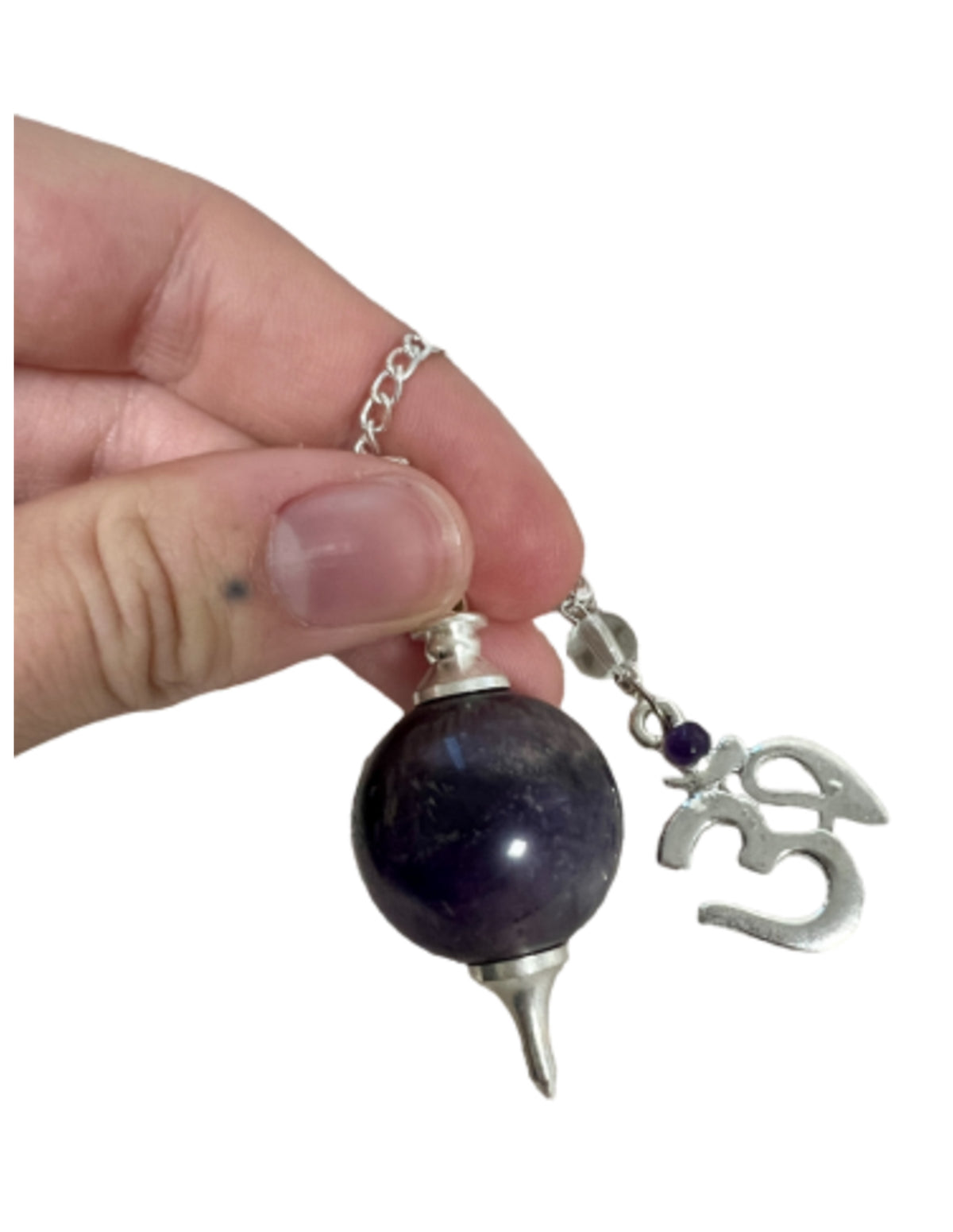 Pendel bol Amethist met Ohm teken - in gratis buideltje - nr 46 - Pendelen - spiritueel - edelsteen - chakra