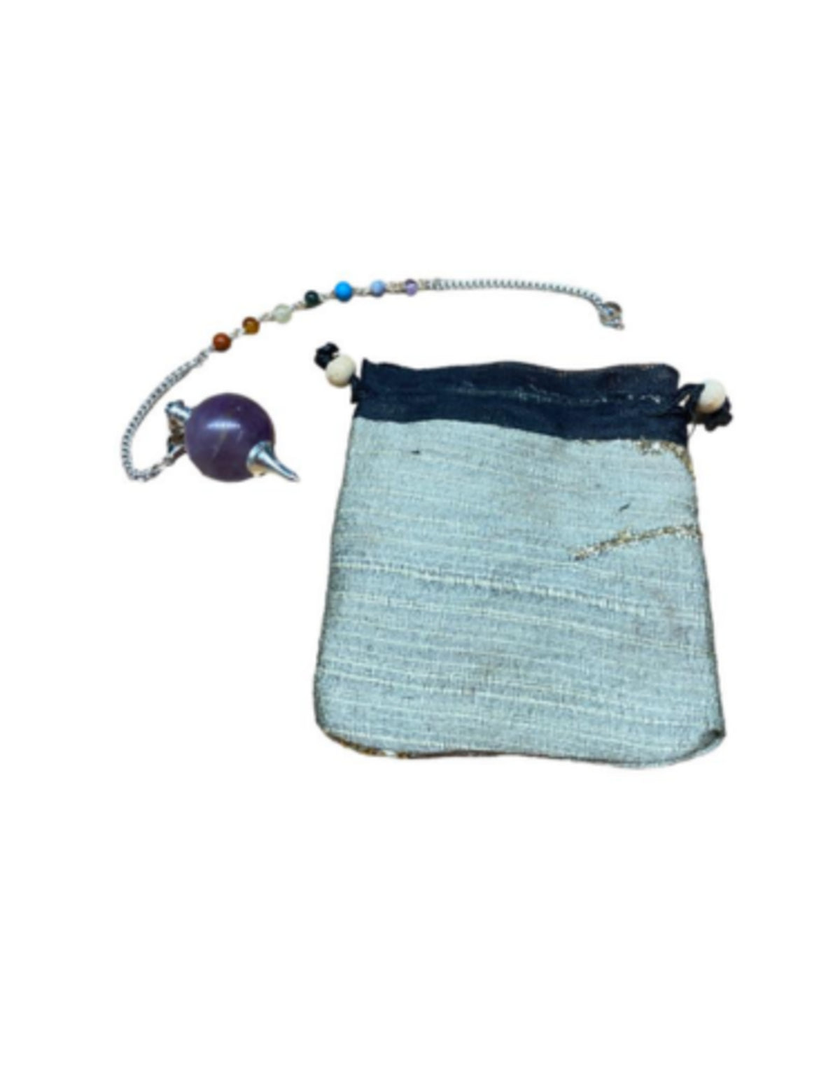 Pendel met ronde Amethist en een ketting met 7 kleine chakra's edelstenen - met gratis buideltje - Pendelen - spiritueel - nr.31