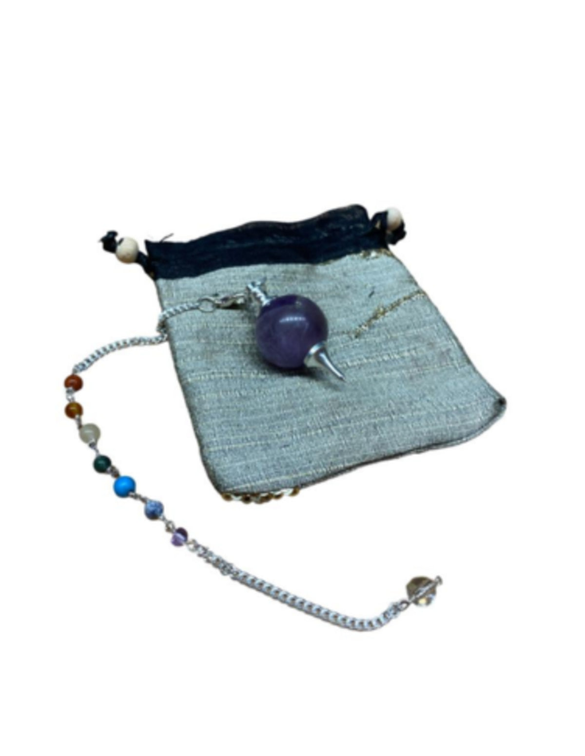 Pendel met ronde Amethist en een ketting met 7 kleine chakra's edelstenen - met gratis buideltje - Pendelen - spiritueel - nr.31
