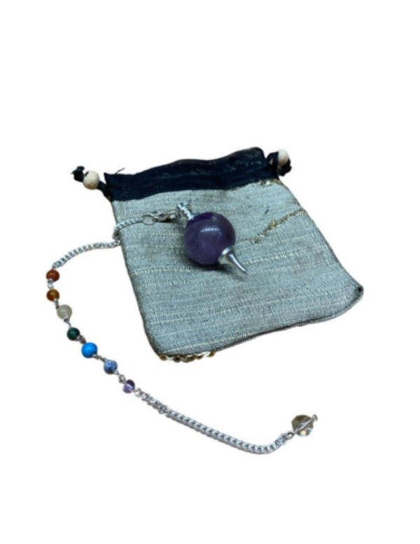 edelsteen pendel met ronde Amethist en een ketting met 7 kleine chakra's edelstenen - met gratis buideltje - Pendelen - spiritueel - nr.31
