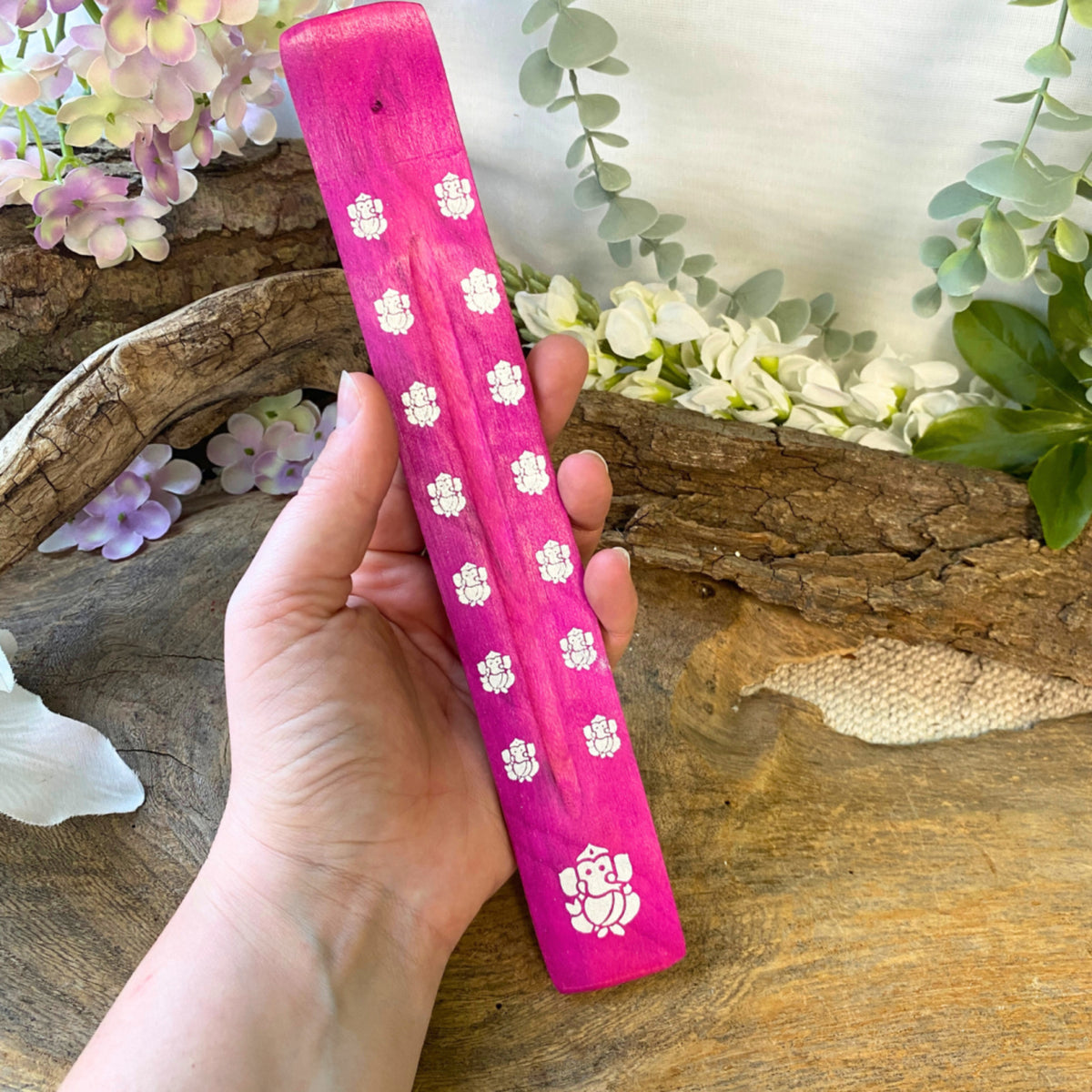 Plankje hout Ganesha - roze - wierook houder