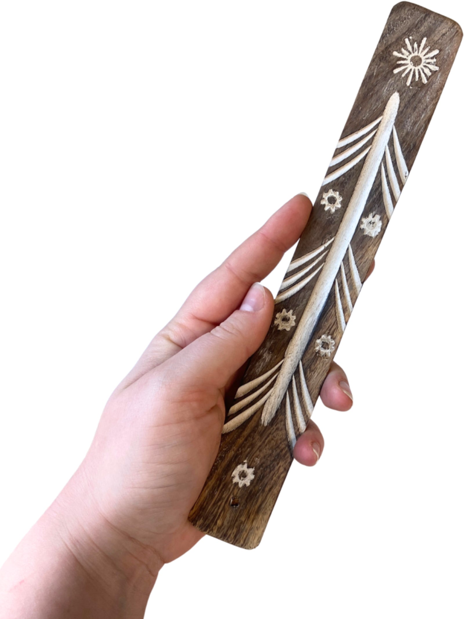 Plankje mangohout - met diverse witte motieven - Wierook houder