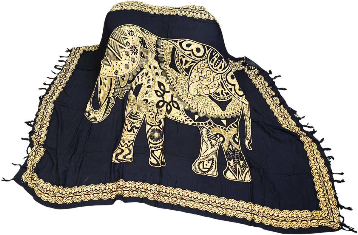 Sarong - 022 - Olifant beige op zwart van Om Namaste - Pareo Saunadoek Wikkeljurk