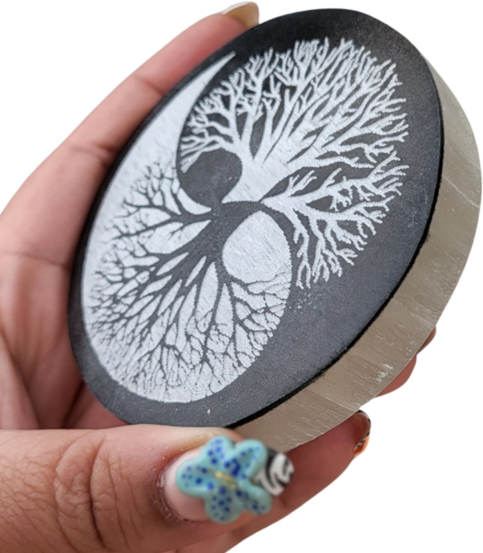 Seleniet oplaadsteen rond levensboom 8 cm Yin/Yang