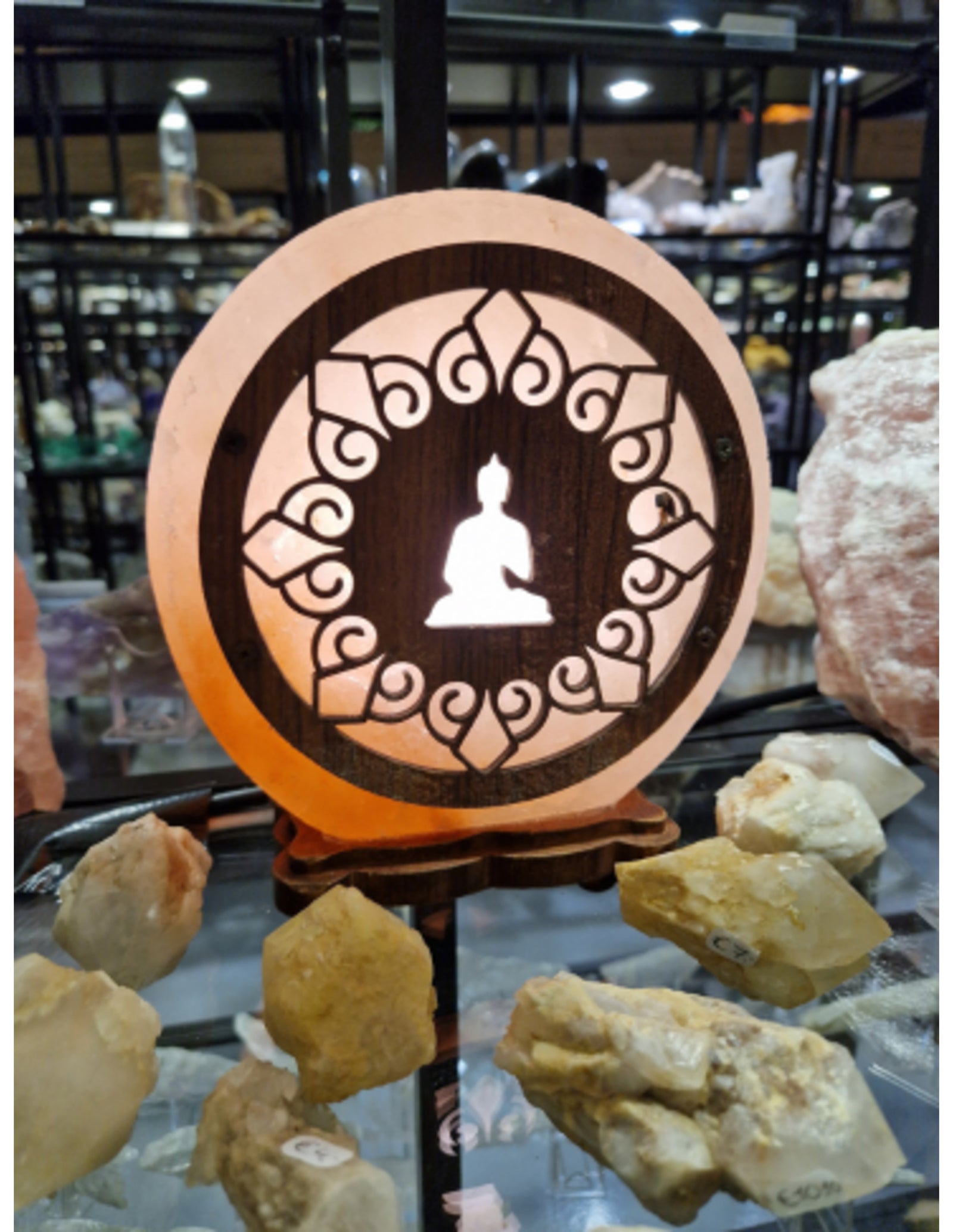 Zoutsteen lamp meditatie boeddha rond deco incl. elektra