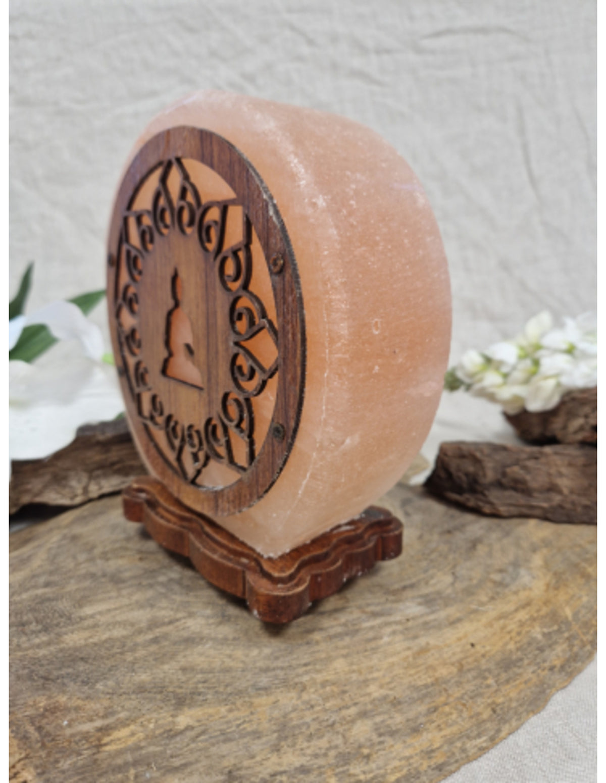 Zoutsteen lamp meditatie boeddha rond deco incl. elektra