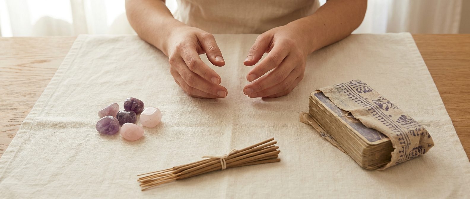 Handen kiezen tussen edelstenen, een tarotdeck en wierook op linnen